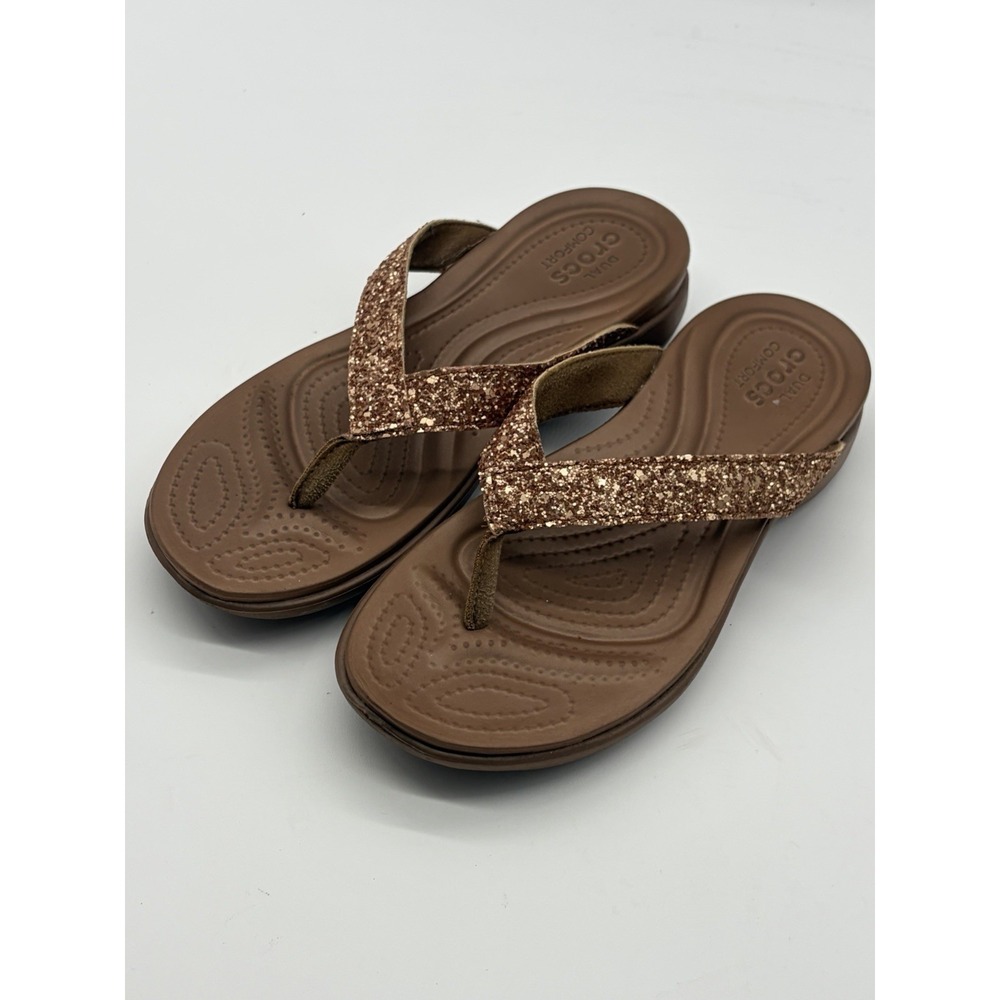 Crocs Capri V Glitter Rose Gold Brown Beach Thong Flip Flops Sandals Women 7